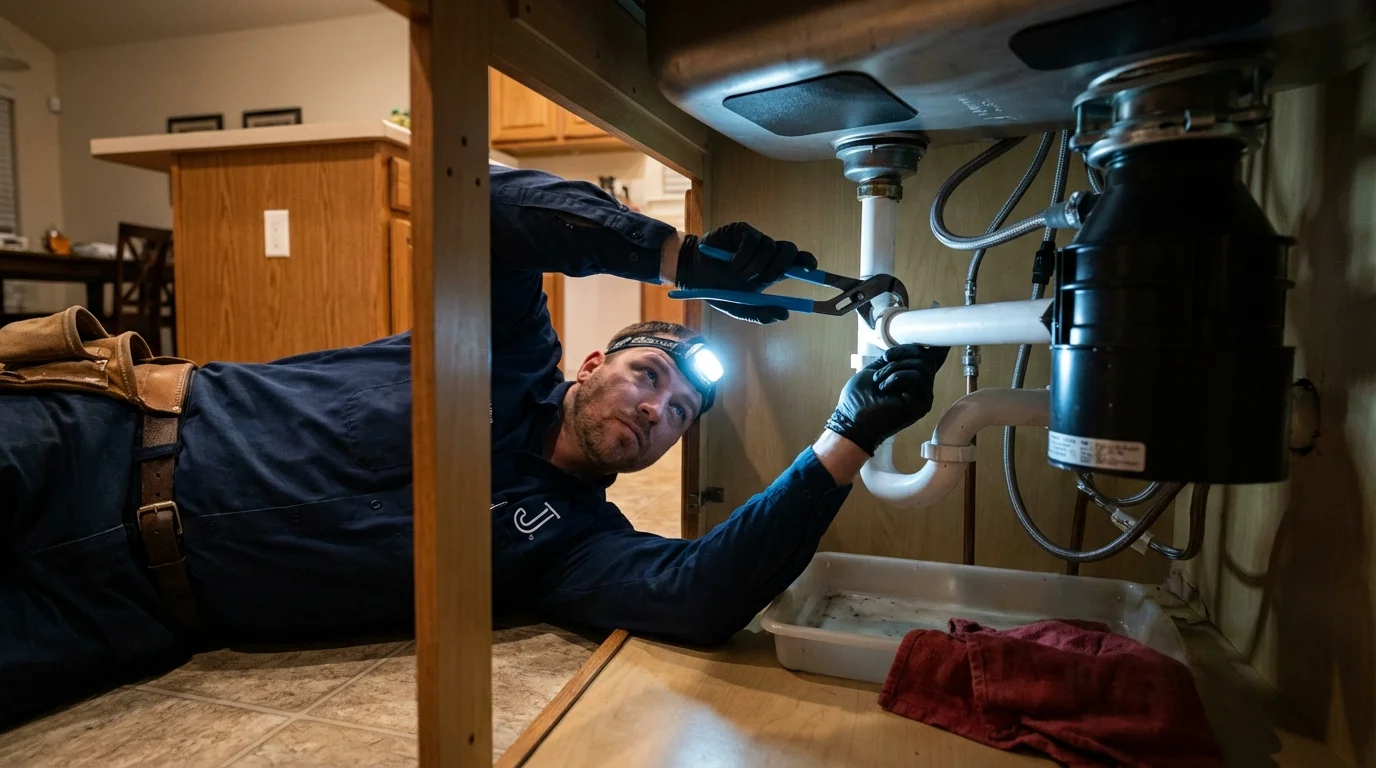P-trap and supply line connections under a kitchen sink showing a common leak point in Watertown, MN